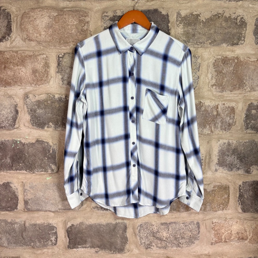 Rails Hunter Plaid Button Down Shirt White Glacier Navy Rayon Medium Preppy